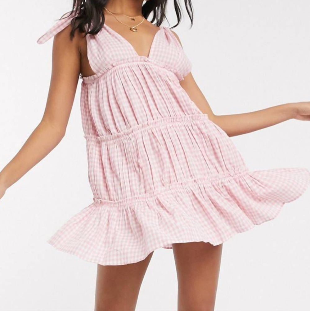 NWT Asos Pink Gingham Tiered Tie V Neck Dress Size 8